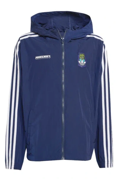 Adidas Originals X Minecraft Kids' Hooded Nylon Windbreaker In Blue