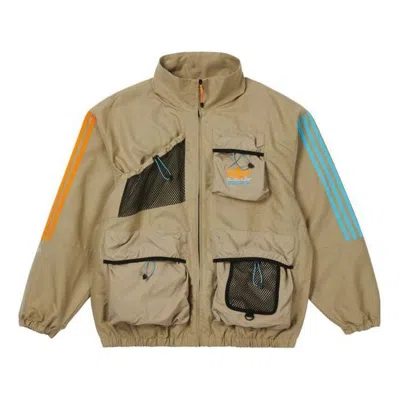 Adidas Originals X Palace Crossover Logo Stripe Multiple Pockets Stand Collar Jacket Brown In Green