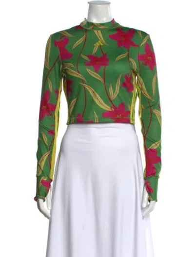 Pre-owned Adidas X Farm Rio Floral Print Mock Neck Crop Top In Green