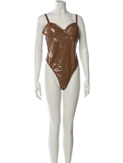 Pre-owned Adidas X Ivy Park Patent Leather Strapless Bodysuit In Brown