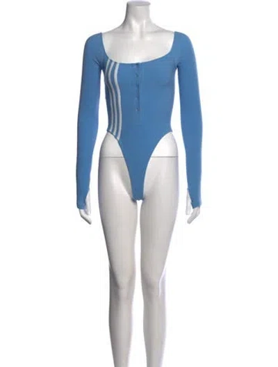 Pre-owned Adidas X Ivy Park Striped Square Neckline Bodysuit In Blue