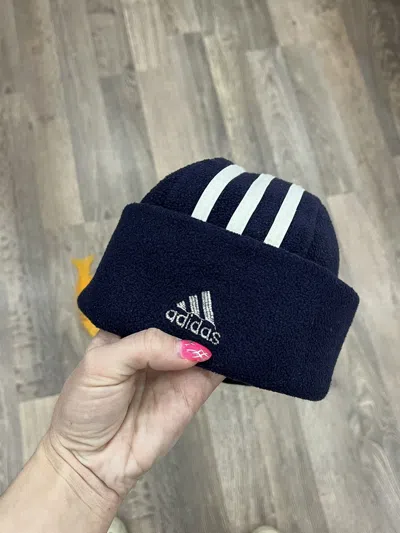 Pre-owned Adidas X Vintage 90's Mans Adidas Beanie Fleece Stripped Hat In Navy