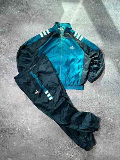 Pre-owned Adidas X Vintage Adidas Track Suit Set Nylon Shell Retro 90's Baggy In Blue