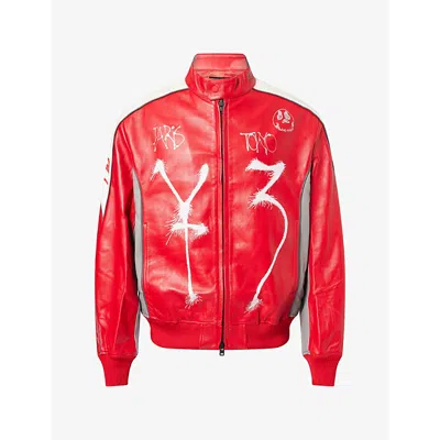 Adidas Y3 Mens Chito Graphic-print Leather Jacket Red