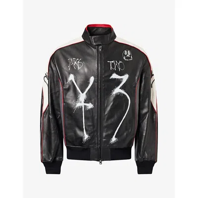 Adidas Y3 Mens Graphic-print Leather Jacket Black