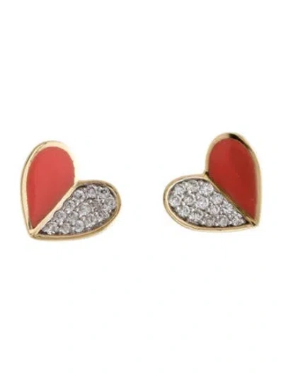 Pre-owned Adina Reyter 14k Diamond & Enamel Heart Stud Earrings In Orange