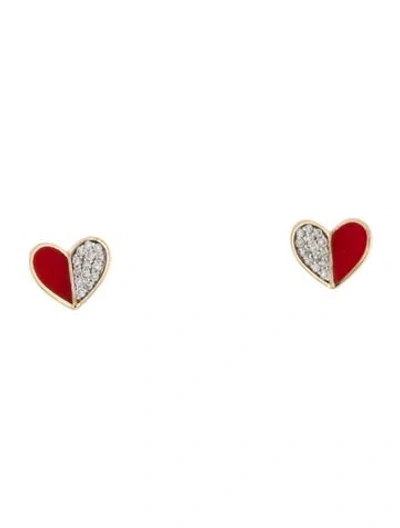 Pre-owned Adina Reyter 14k Diamond Ceramic Heart Stud Earrings In Red