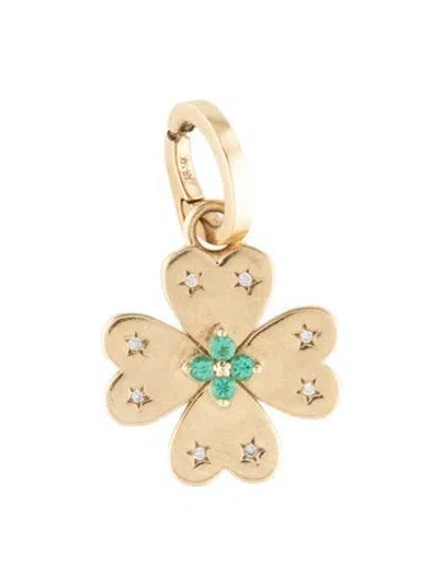 Pre-owned Adina Reyter 14k Emerald & Diamond Clover Charm Pendant, 1" In Multicolor