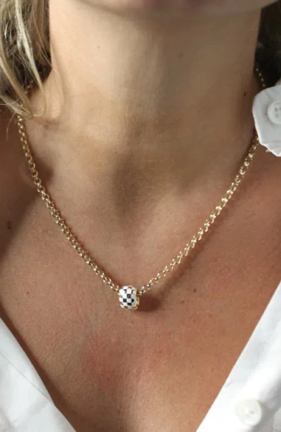 Adina Reyter Big Bead White Enamel Checkerboard Rolo Necklace In Yellow