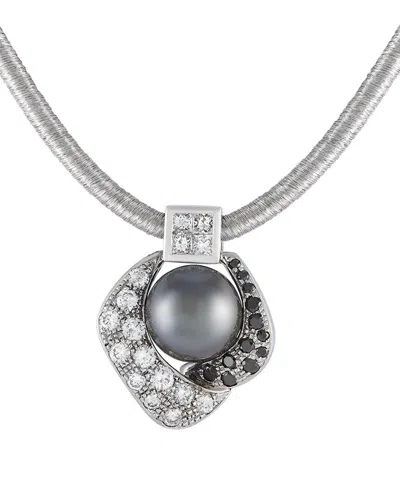 Adione 18k 2.00 Ct. Tw. Diamond & Pearl Necklace (authentic ) In Metallic