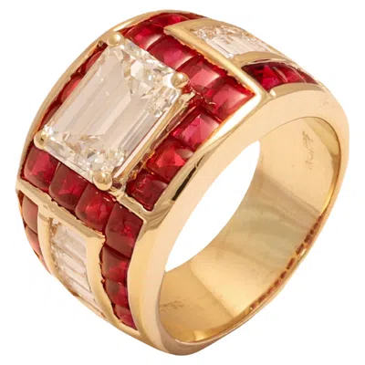 Pre-owned Adler 18 Kt. Gold  Genèva Emerald Cut Diamond & Ruby Ring, Estate Sultan Oman In Green