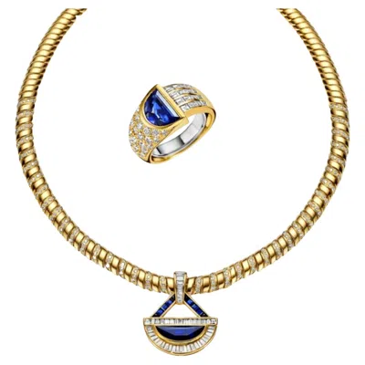 Pre-owned Adler 18 Kt. Gold  Genèva Set Necklace & Ring Sapphire, Diam, Estate Sultan Oman In Multi