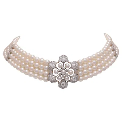 Pre-owned Adler 18 Kt. White Gold  Genève 4 Strand Pearl Necklace Choker & Diamond Pendant