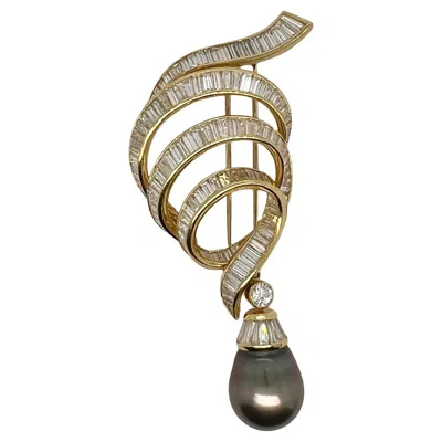 Pre-owned Adler 18k Gold, Diamond And Tahitian Pearl Brooch In Multi