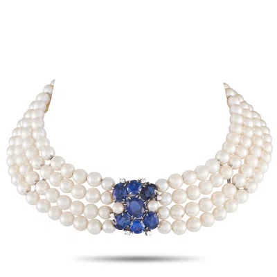 Adler 18k White Gold 0.30ct Diamond And Synthetic Sapphire 4-strand Pearl Choker Necklace Ad16-051625