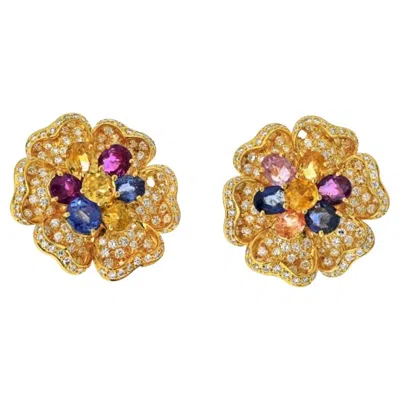 Pre-owned Adler 18k Yellow Gold Diamond & Multicolor Sapphire Flower Earrings By Designer