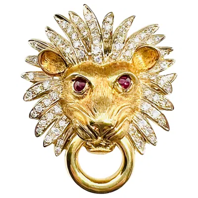 Pre-owned Adler 18k Yellow Gold, Diamond & Ruby Lionshead Doorknocker Enhancer Pendant