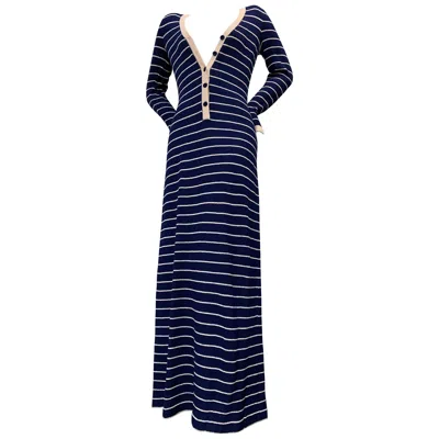 Pre-owned Adolfo 1970  Sailor Stripe Navy & Cream Knit Maxi Dress W/ Button Front In White