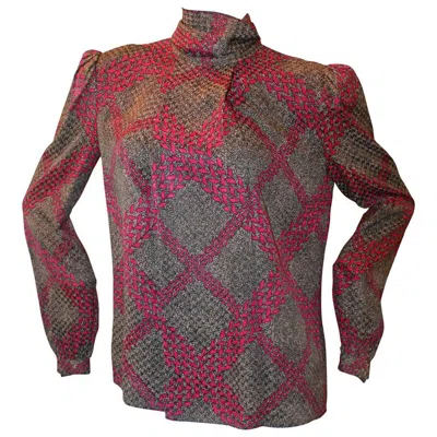 Pre-owned Adolfo 1970's Vintage Black & Purple Printed Long Sleeve Silk Blouse - M