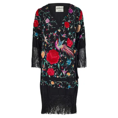 Pre-owned Adolfo 1980s  Black Embroidered Piano Shawl Dress