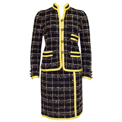 Pre-owned Adolfo 1980s  Black Wool Knit Plaid Skirt Suit With Yellow Trim