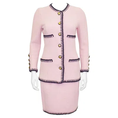 Pre-owned Adolfo 1980s  Pink Wool Knit Skirt Suit With Black Trim