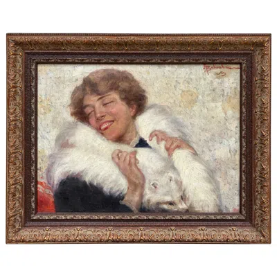 Pre-owned Adolfo Belimbau Portrait Of A Woman In A White Fox Stole, Italian Oil Painting