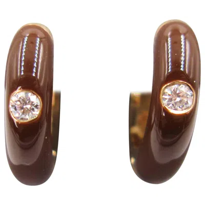 Pre-owned Adolfo Courrier Chocolate Brown Enamel Diamond Yellow Gold Huggie Earrings