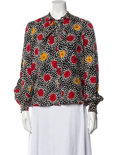 Pre-owned Adolfo Silk Floral Print Button-up Top In Black