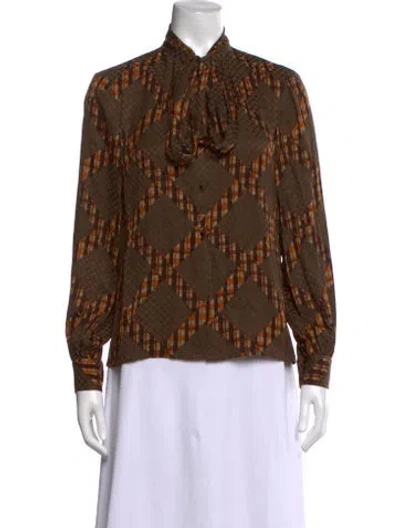 Pre-owned Adolfo Silk Plaid Print Blouse In Brown
