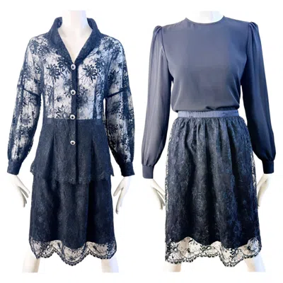 Pre-owned Adolfo Vintage  Fall 1990 Black Silk Sheer Lace Three-piece 90s Dress Ensemble