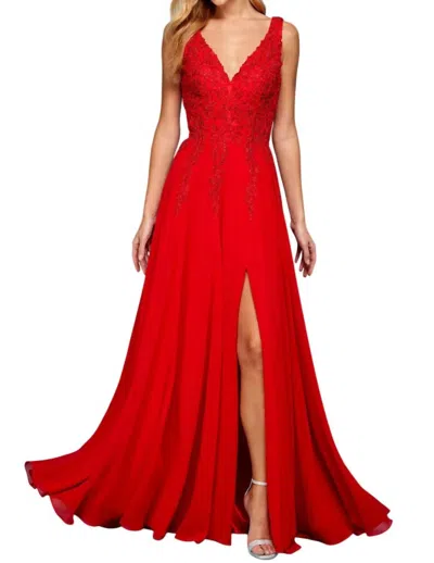 Adora A Line Long Formal Slit Dress In Red