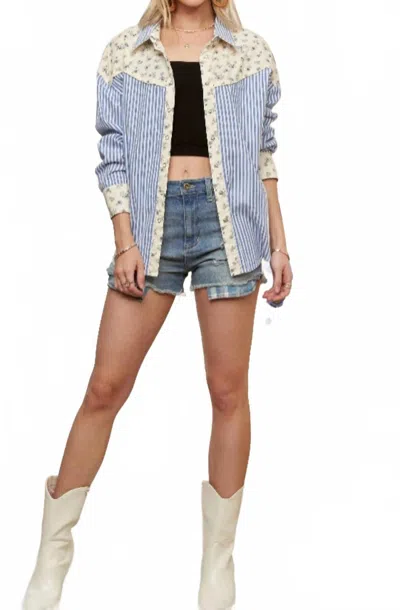 Adora Bloom & Stripe Snap Shirt In Blue