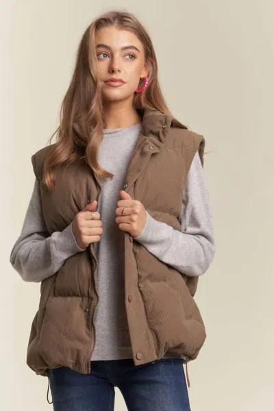 Adora Button Down Corduroy Puff Vest In Khaki In Brown