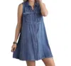 ADORA BUTTON DOWN SLEEVELESS SHORT DENIM DRESS IN BLUE