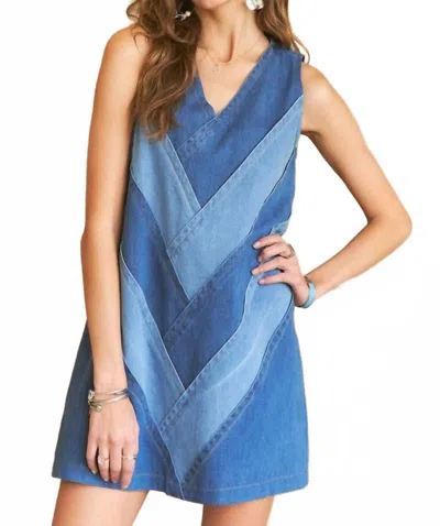Adora Chevron Crush Dress In Denim In Blue