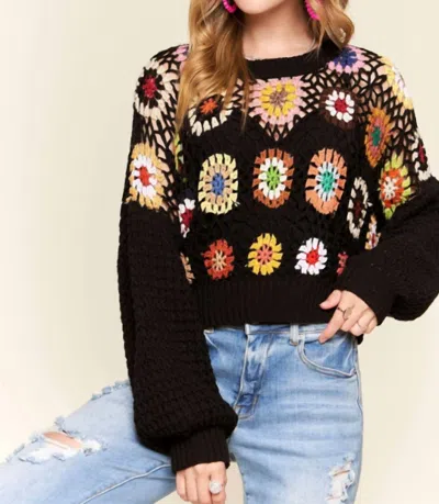 Adora Crochet Crop Sweater Knit Top In Multicolor In Black