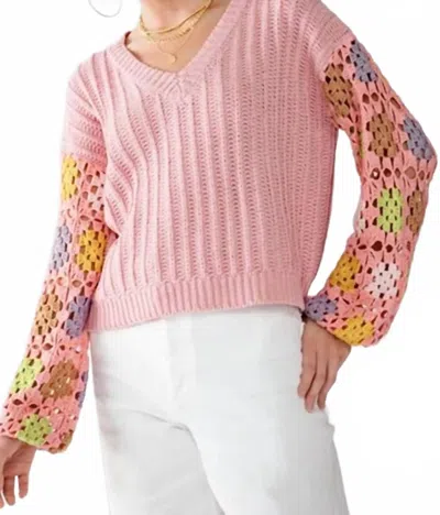 Adora Crochet Long Sleeve Knit Floral Sweater In Pink