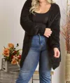 Adora Curvy Fuzzy Solid Open Cardigan In Black In Black