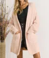 Adora Curvy Fuzzy Solid Open Cardigan In Blush In Gold