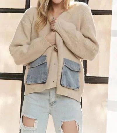 Adora Denim Pocket Cardigan In Beige