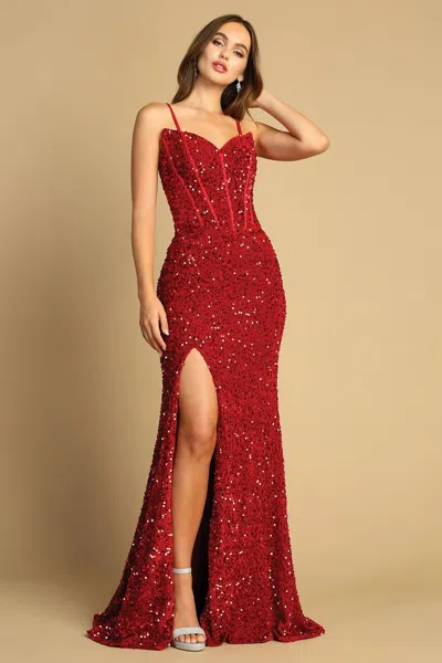 Adora Design 3126 Long Formal Slit Sequin Prom Dress In Red