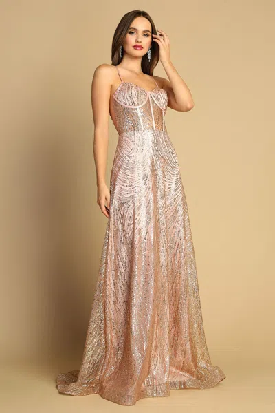 Adora Design 3167 Formal Long Glitter Print Corset Aline Prom Dress In Pink