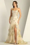 Adora Design 3221 Formal Long Applique Tiered Slit Prom Dress In Gold