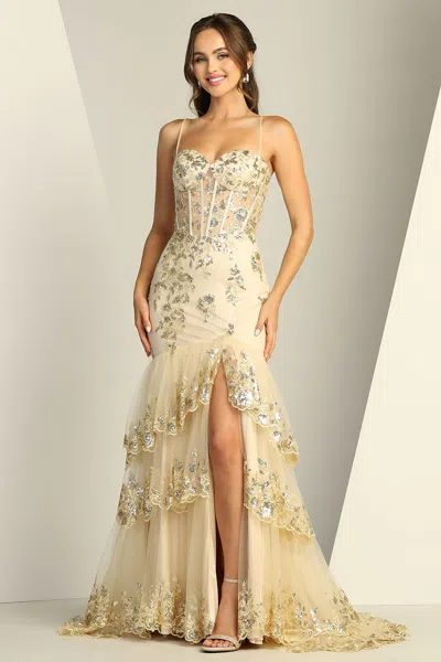 Adora Design 3221 Formal Long Applique Tiered Slit Prom Dress In Gold