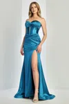 Adora Design 3239 Long Pleated Corset Formal Evening Prom Dress In Blue