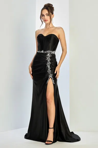 Adora Design 3246 Prom Corset Long Formal Slit Beaded Dress In Black