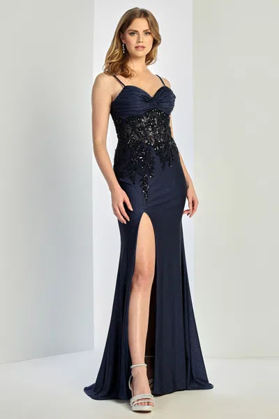 Adora Design 3250 Fitted Slit Long Formal Glitter Corset Prom Dress In Blue