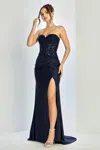 Adora Design 3253 Glitter Long Formal Pleated Slit Prom Dress In Blue