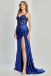 Adora Design 3257 Pleated Applique Long Formal Slit Prom Dress In Blue